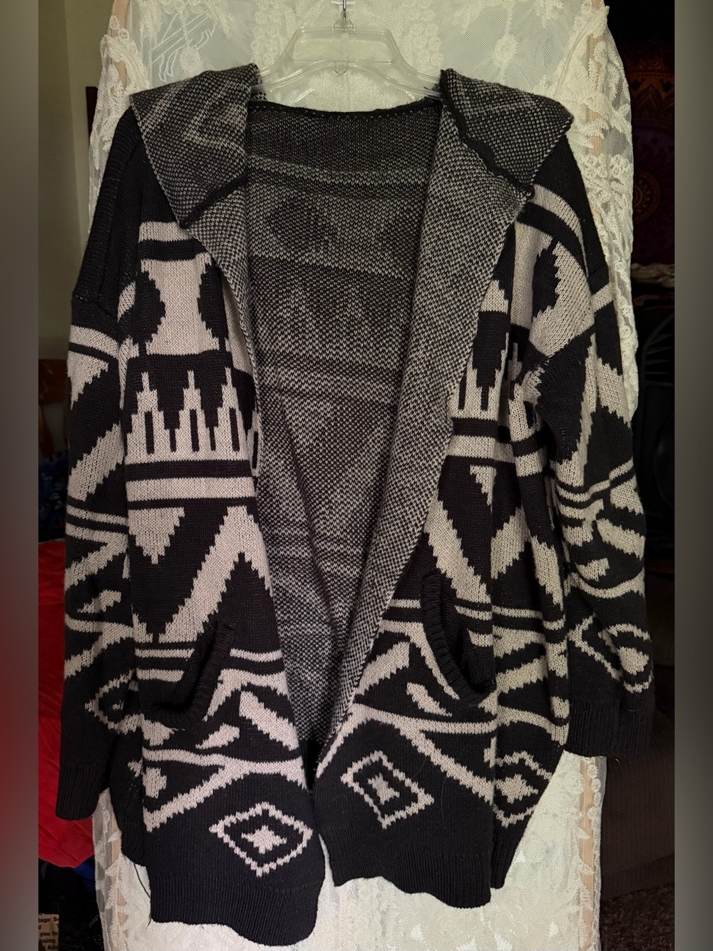 Grey and Cream Geometric Open-Front Hooded Women's Sweater